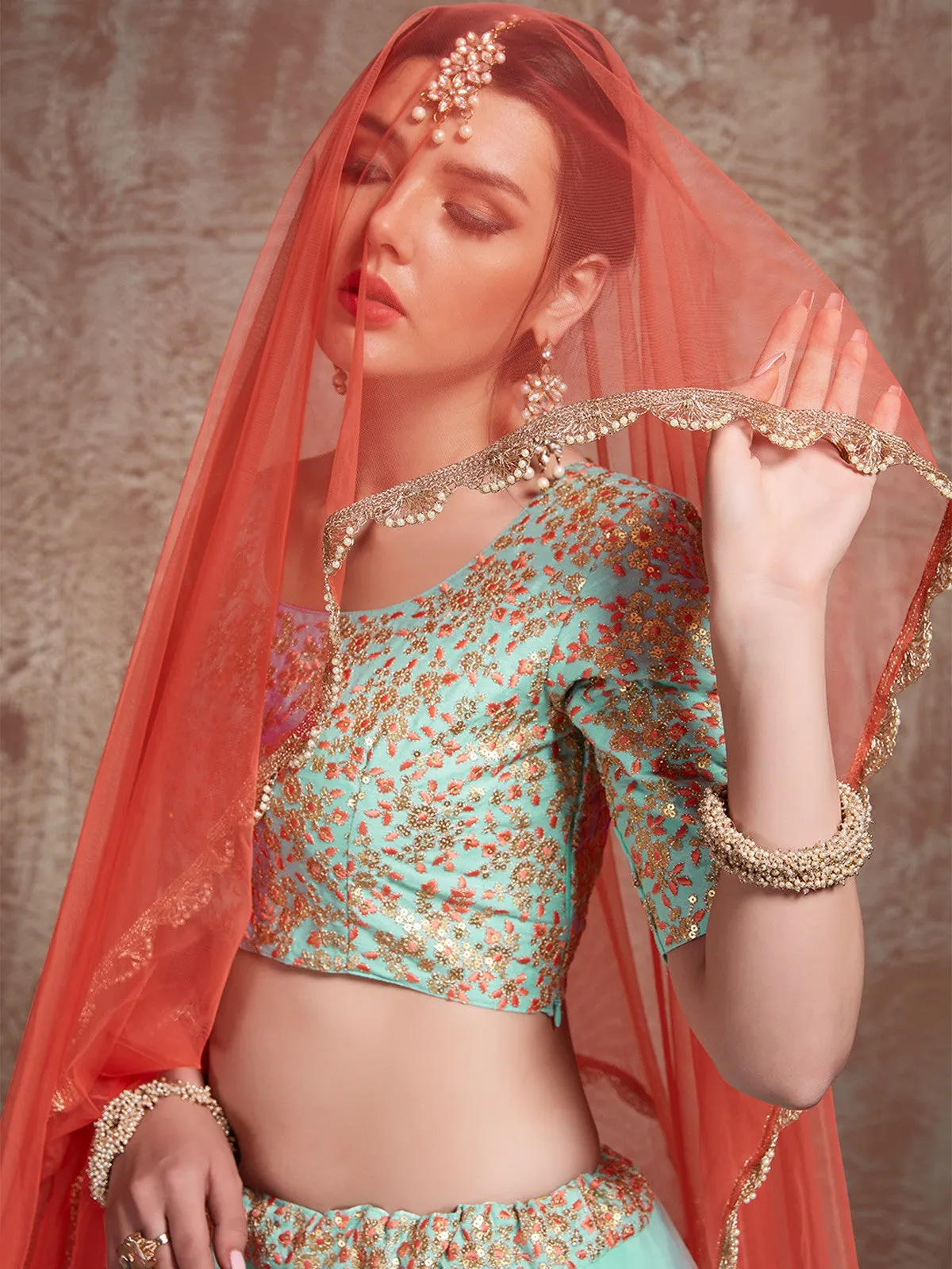 Sea Green Stunning Semi Stitched Lehenga With Unstitched Blouse