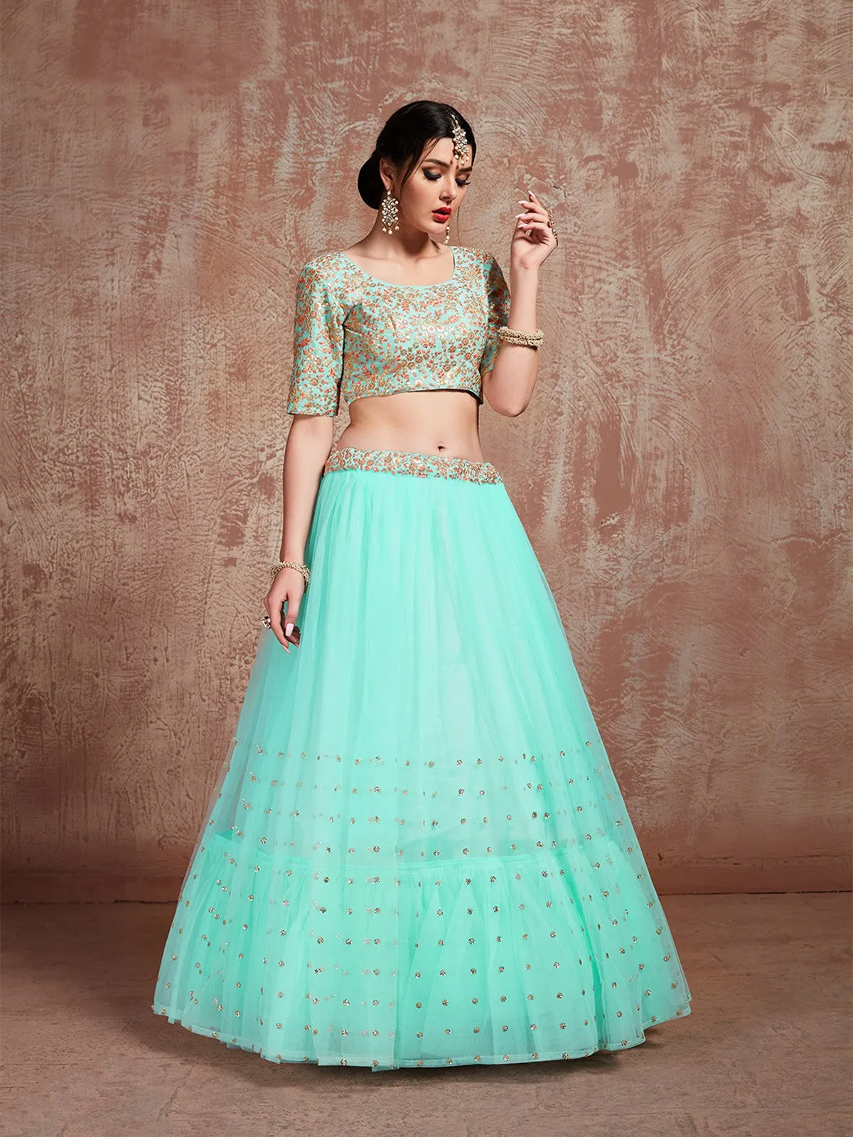 Sea Green Stunning Semi Stitched Lehenga With Unstitched Blouse