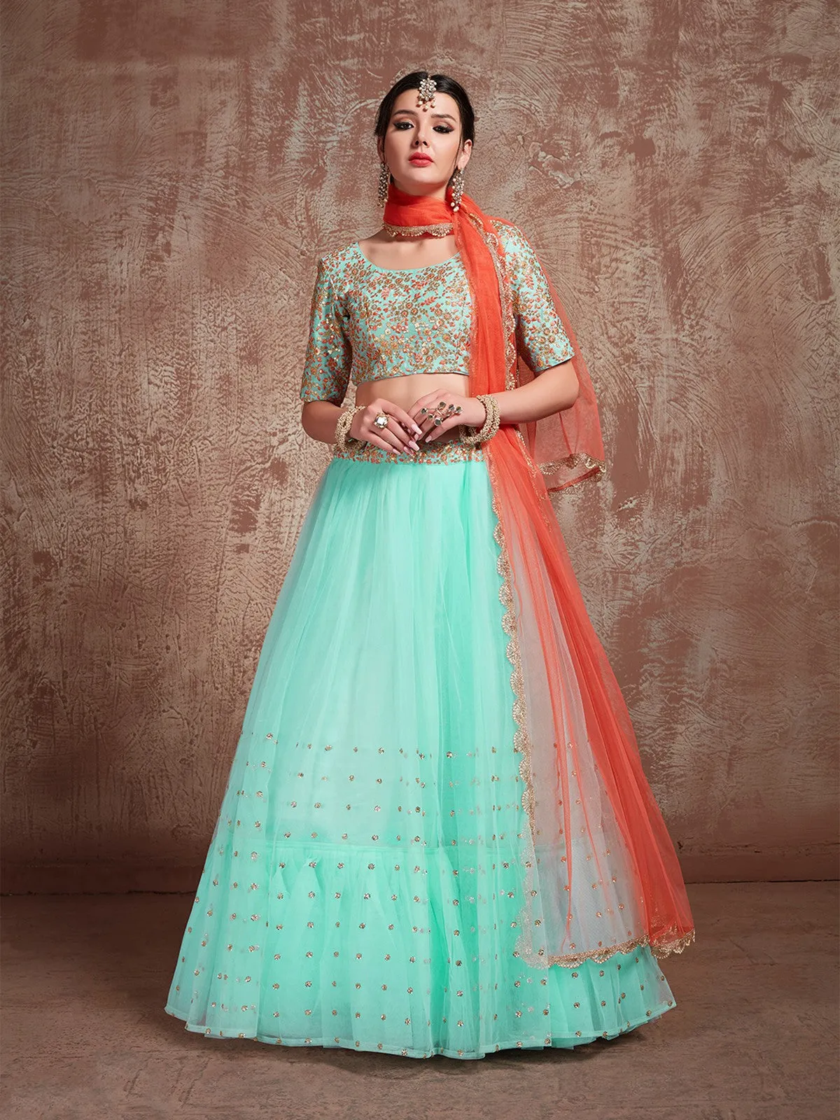 Sea Green Stunning Semi Stitched Lehenga With Unstitched Blouse