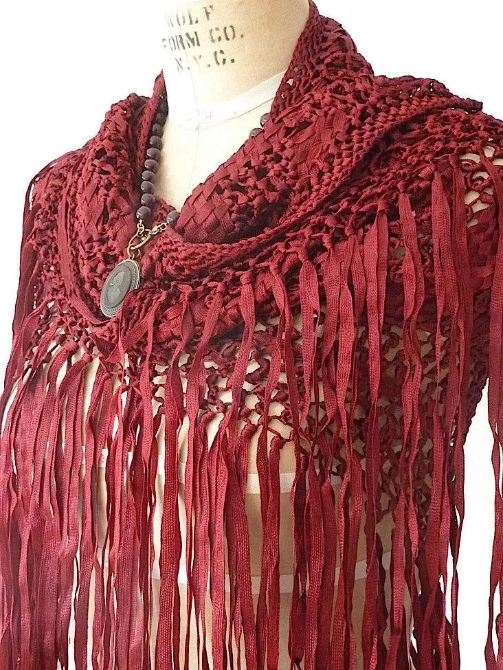 Silk Macrame Triangle Shawl Wine