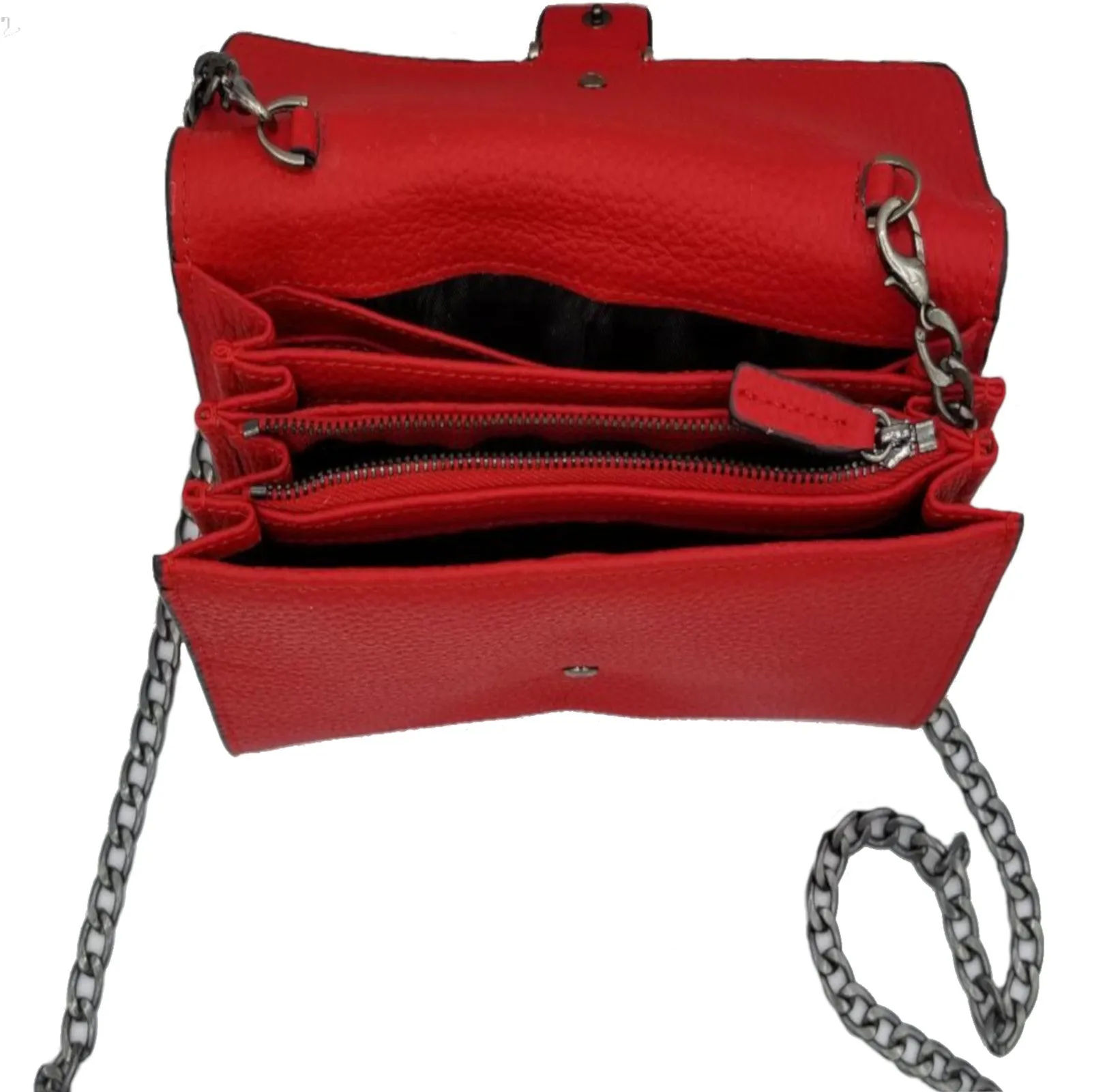 SILVER CHAIN RED LEATHER CROSSBODY HANDBAG W/ STUDS