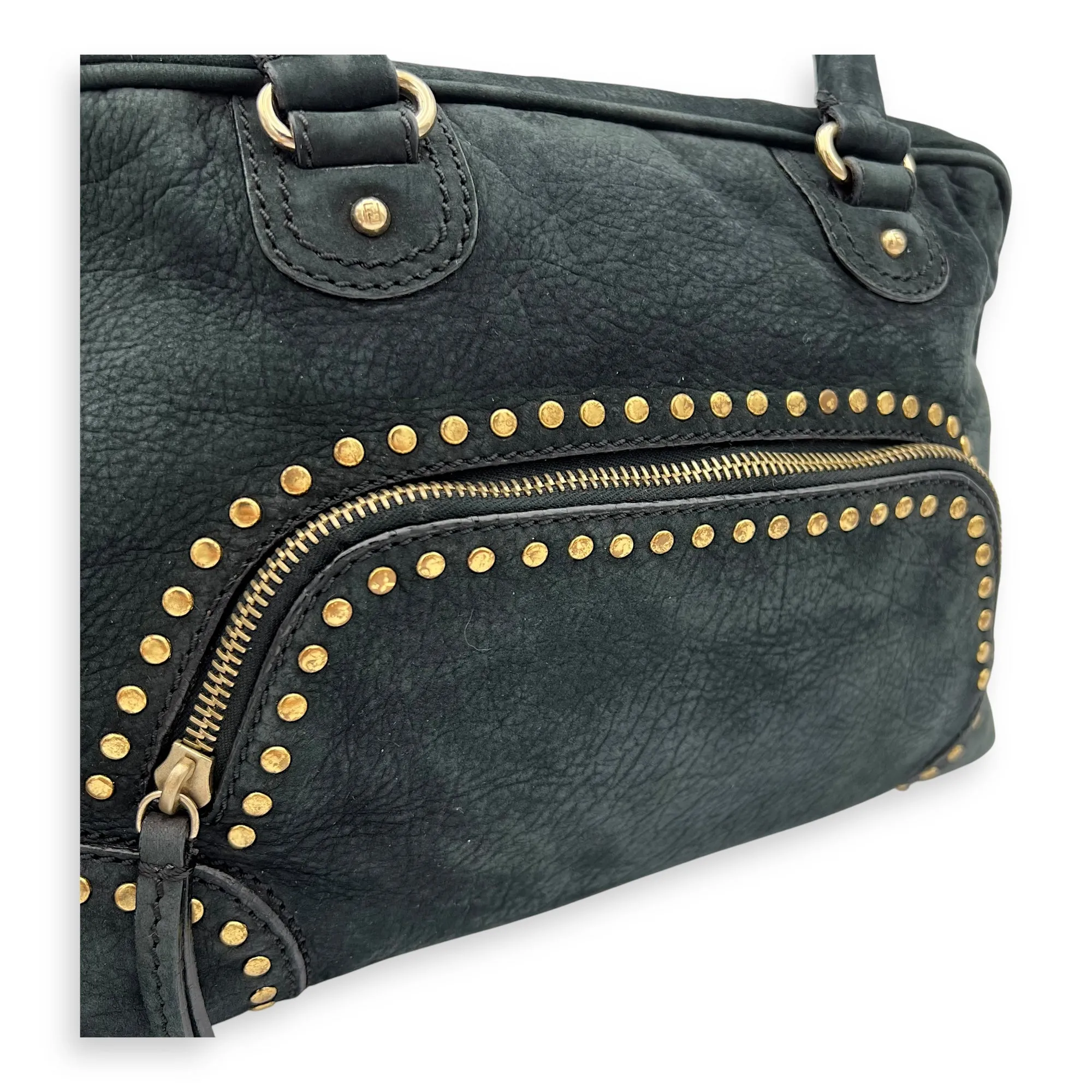 Studded Forever Bauletto Black Top Handle Bag in Suede Leather, Gold hardware