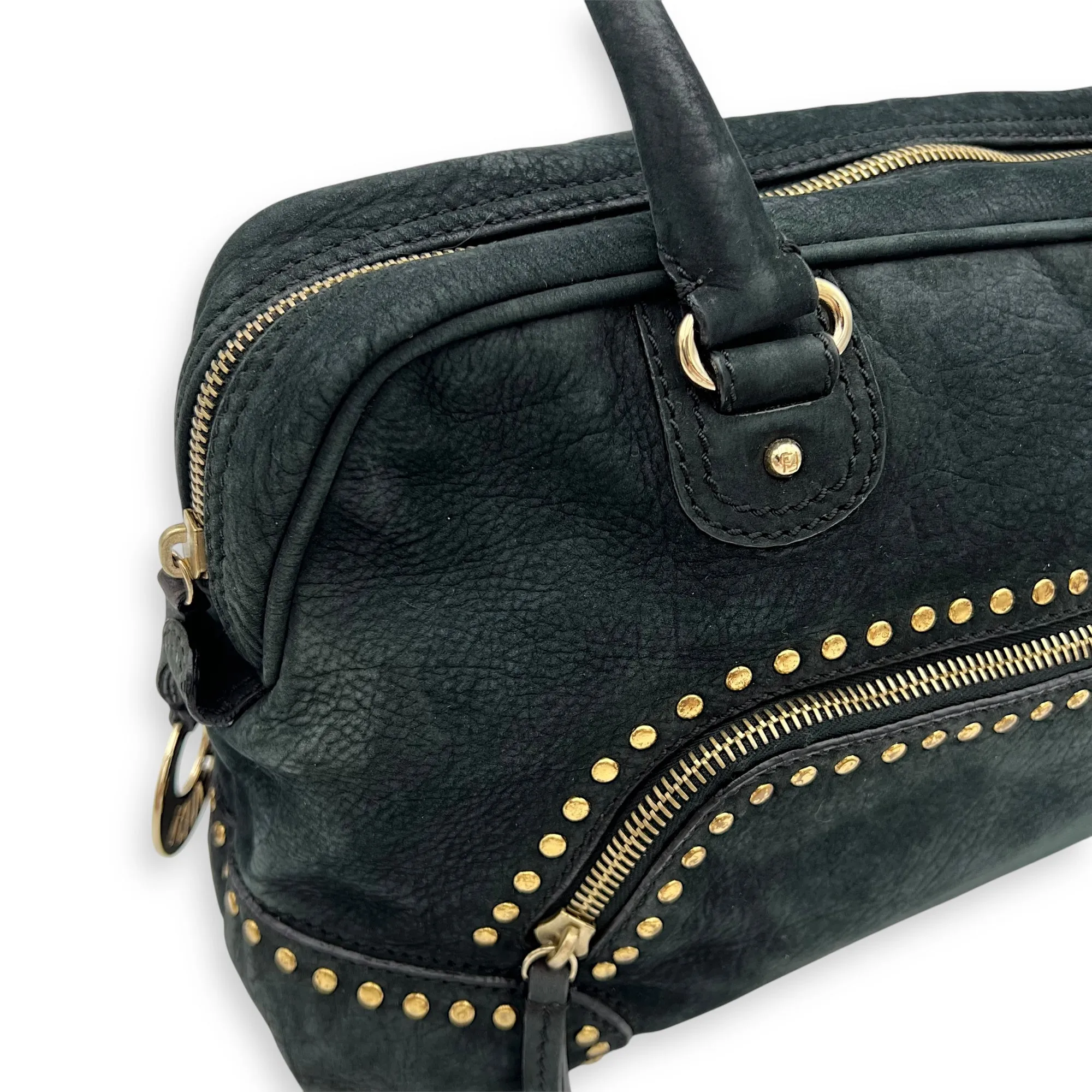 Studded Forever Bauletto Black Top Handle Bag in Suede Leather, Gold hardware