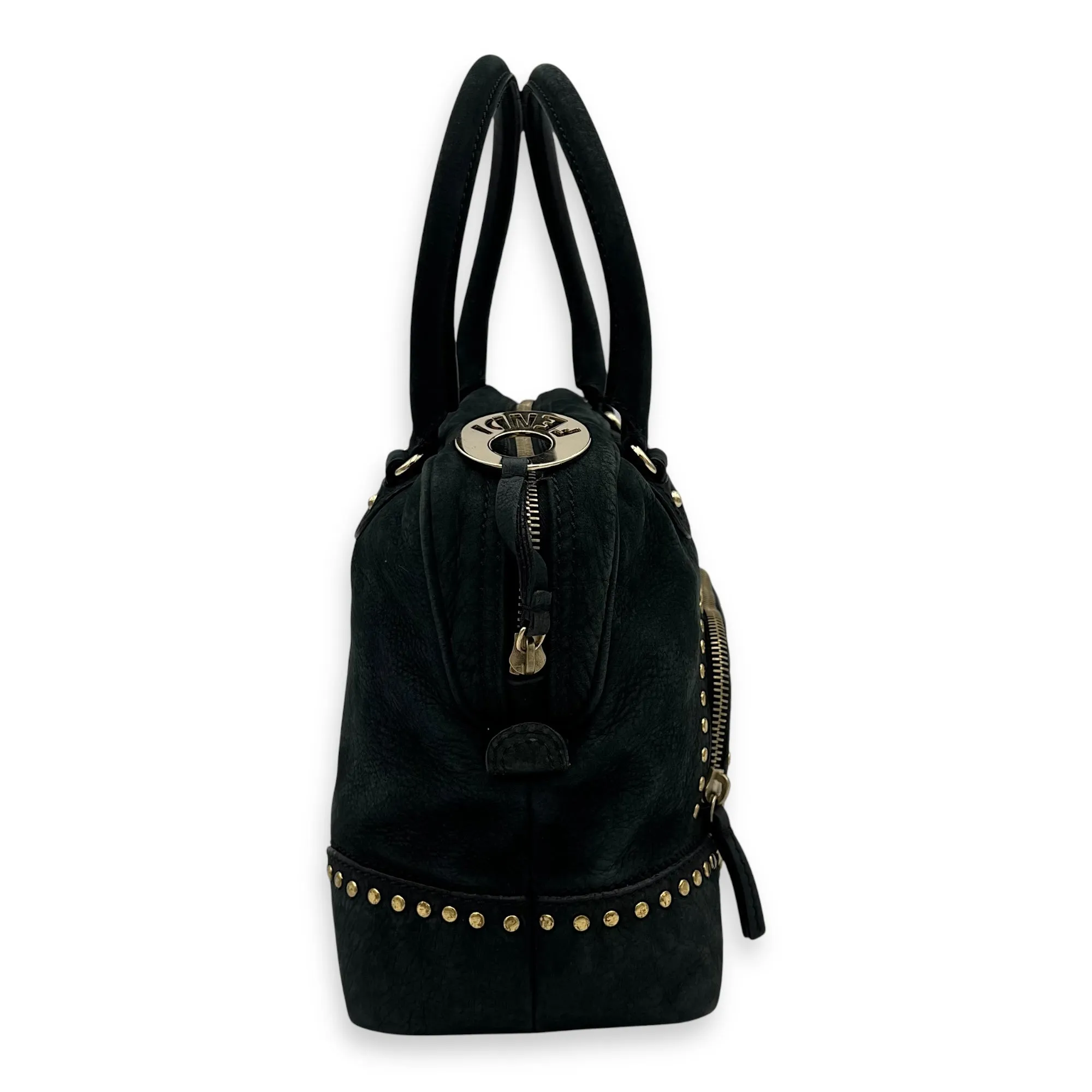 Studded Forever Bauletto Black Top Handle Bag in Suede Leather, Gold hardware