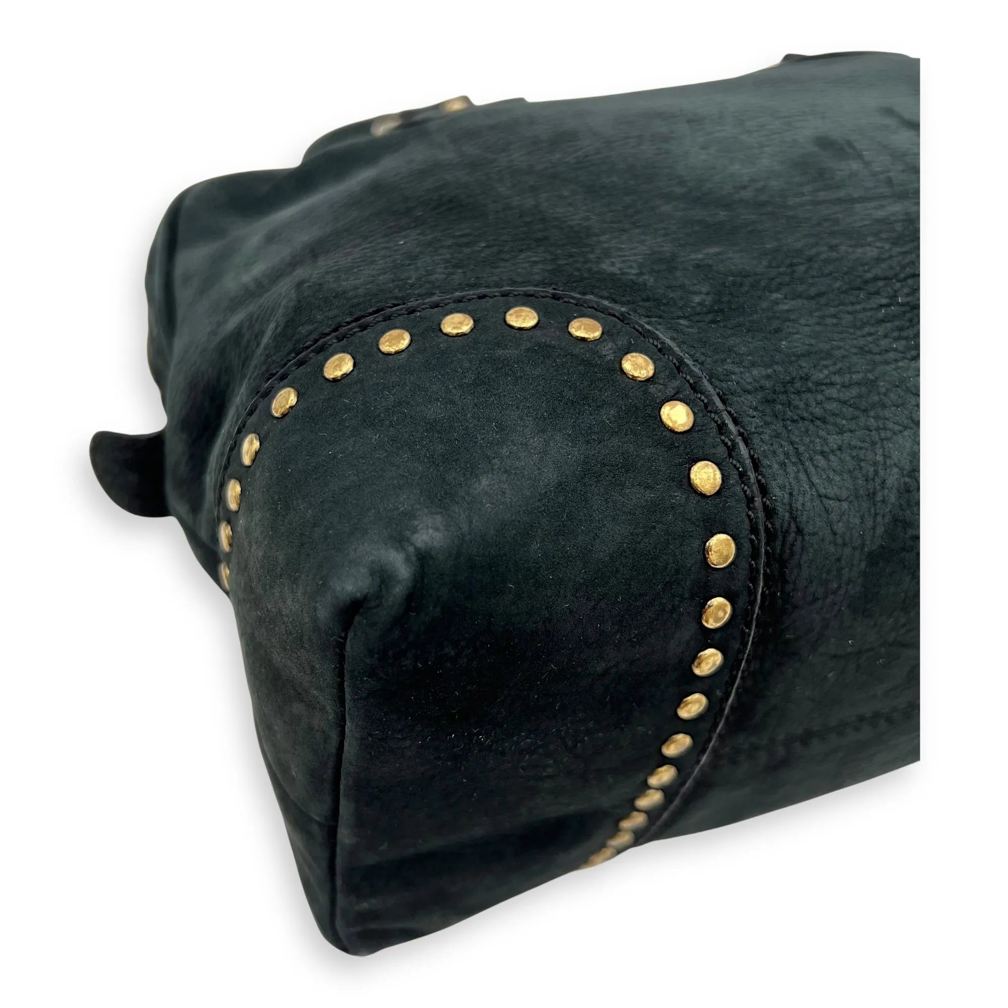 Studded Forever Bauletto Black Top Handle Bag in Suede Leather, Gold hardware