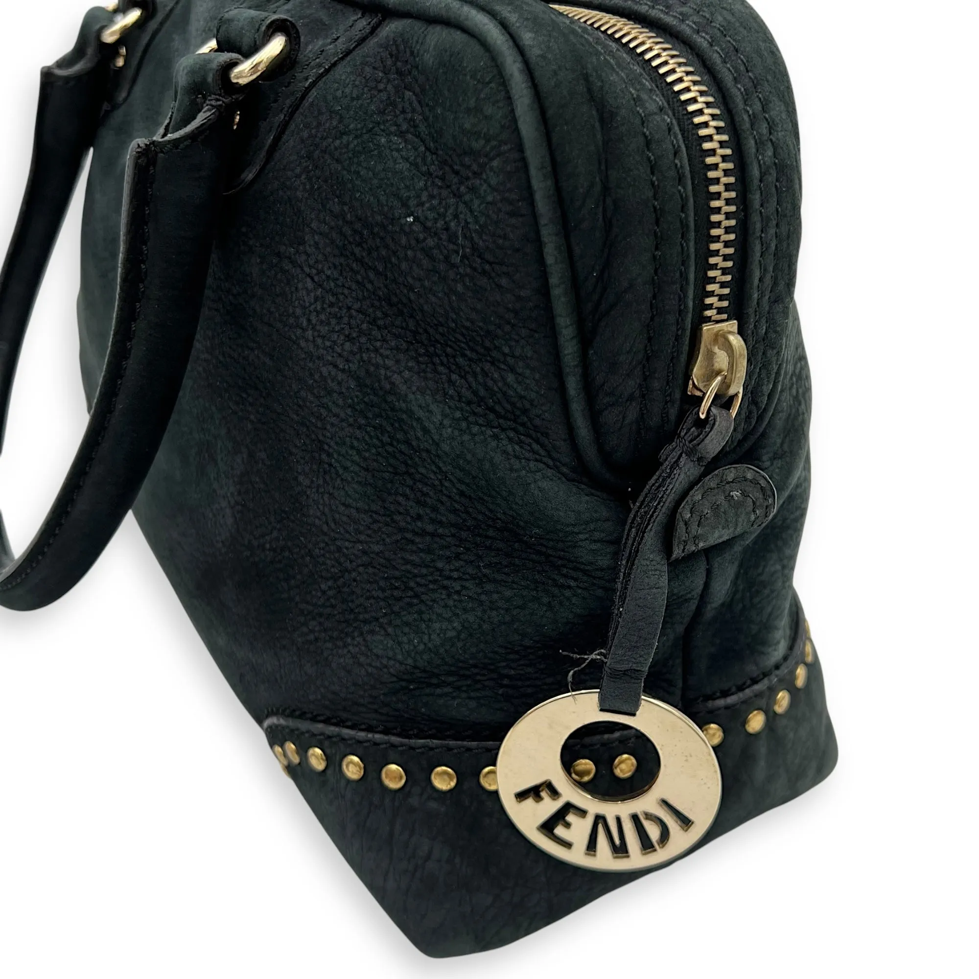 Studded Forever Bauletto Black Top Handle Bag in Suede Leather, Gold hardware