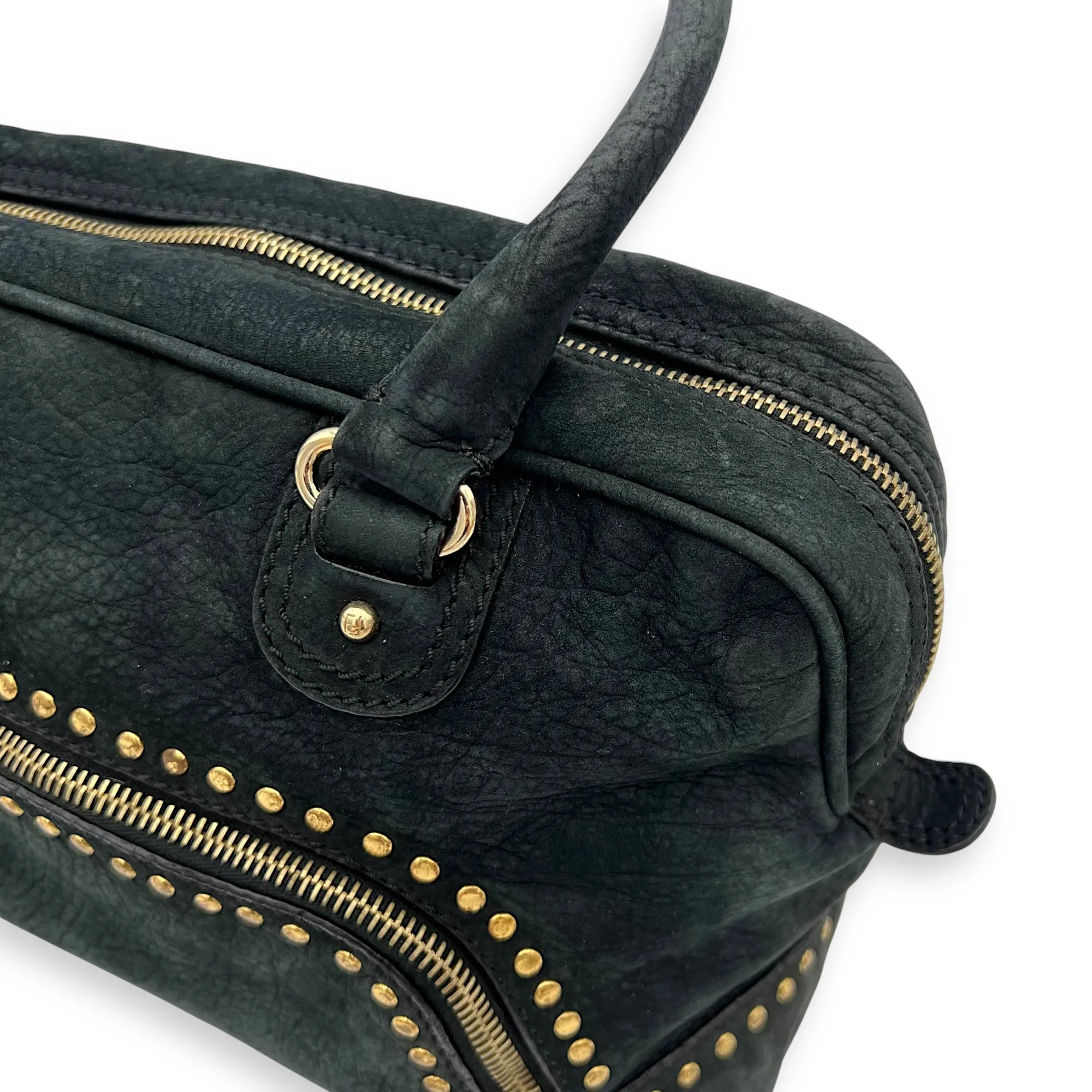 Studded Forever Bauletto Black Top Handle Bag in Suede Leather, Gold hardware