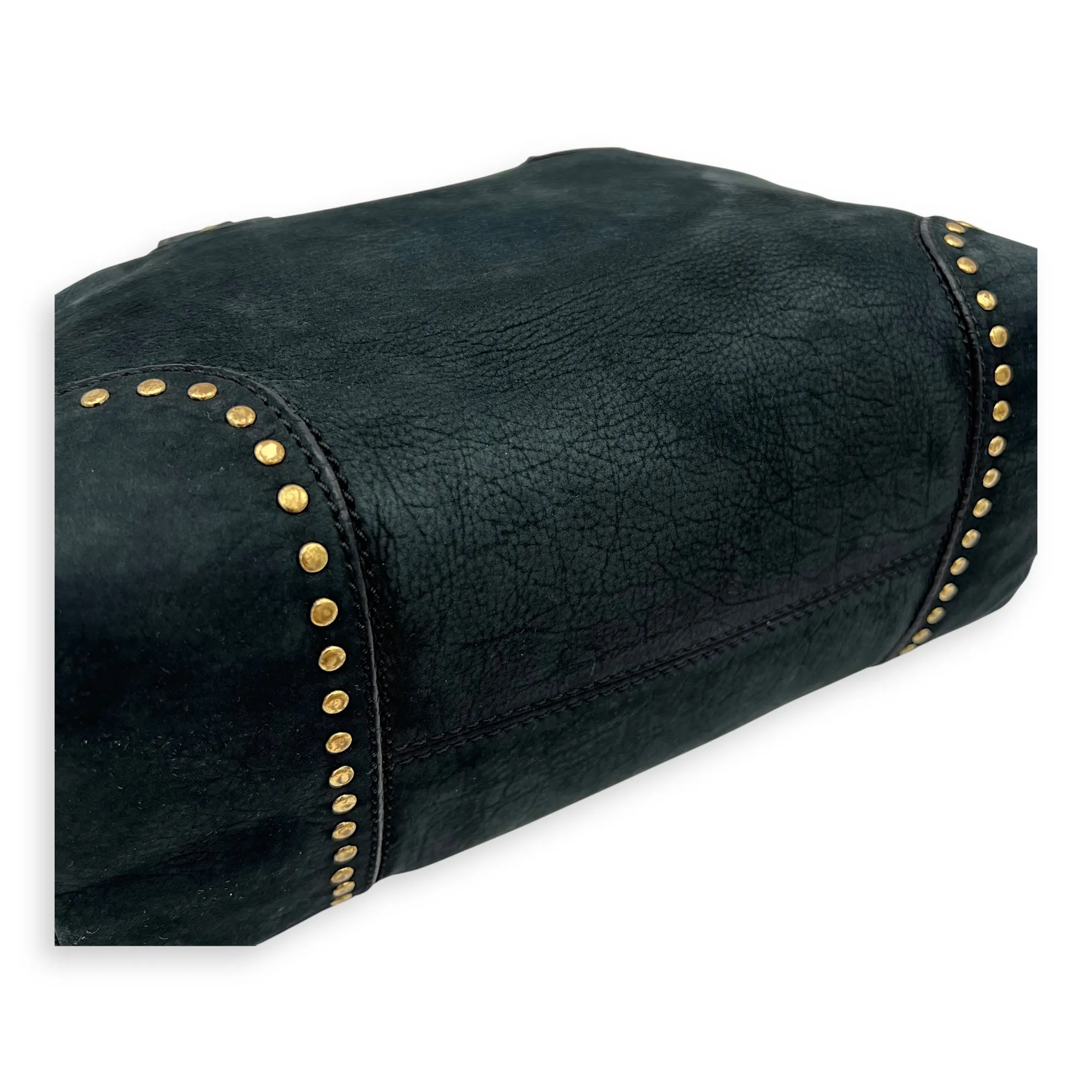 Studded Forever Bauletto Black Top Handle Bag in Suede Leather, Gold hardware