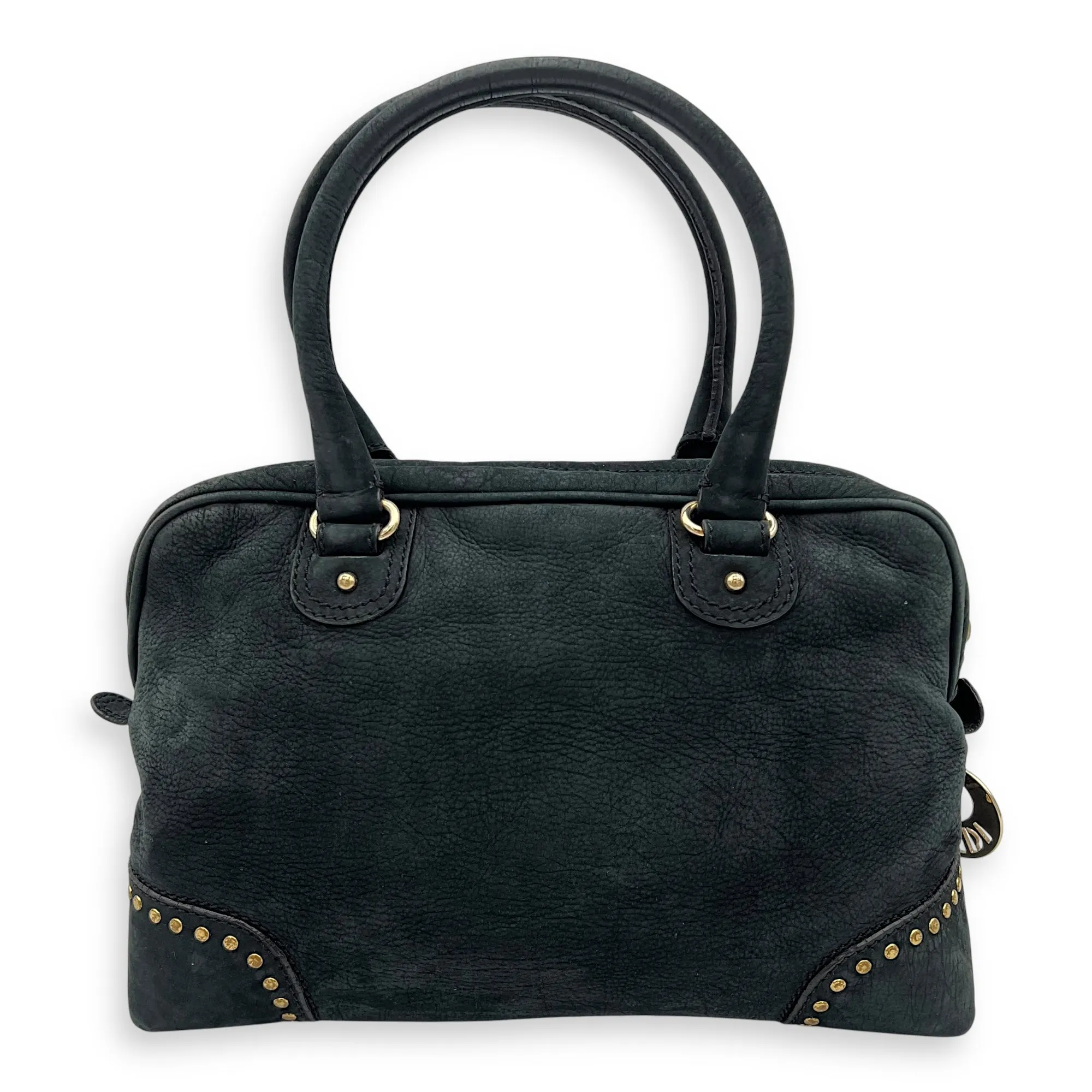 Studded Forever Bauletto Black Top Handle Bag in Suede Leather, Gold hardware