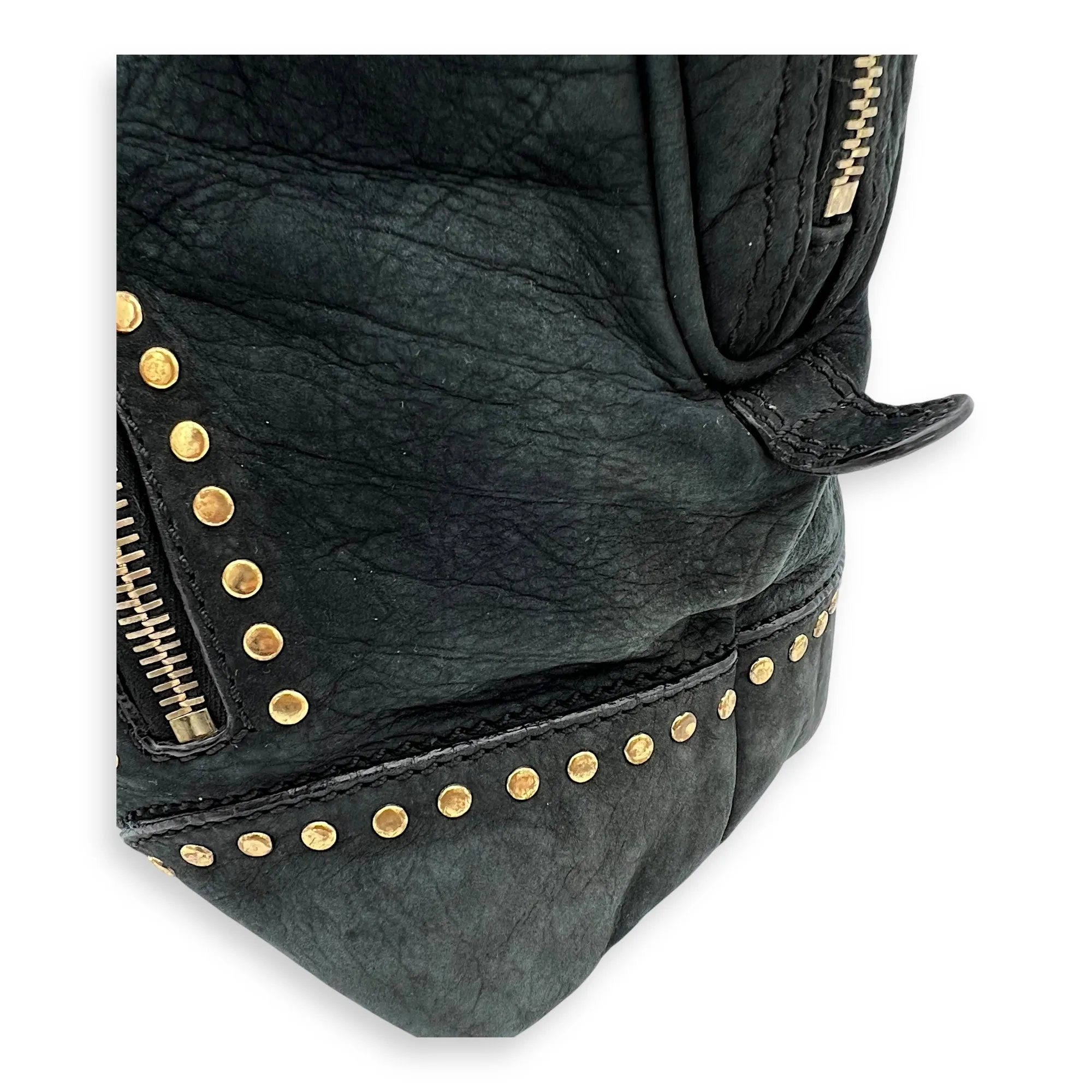 Studded Forever Bauletto Black Top Handle Bag in Suede Leather, Gold hardware