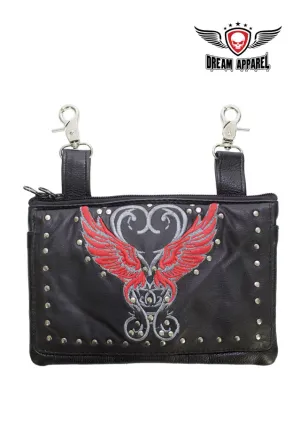 Studded Naked Cowhide Leather Belt Bag with Red Wings