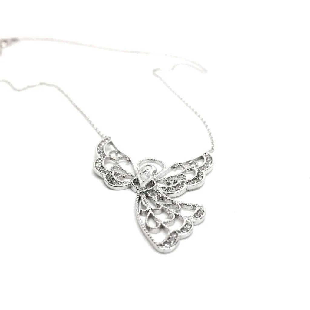 Stunning 925 Sterling Silver Angel with Crystals Necklace