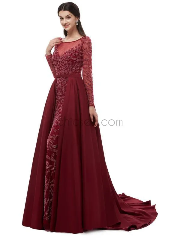 Stunning A-line Long Sleeve Beaded Prom Dress, YKX077