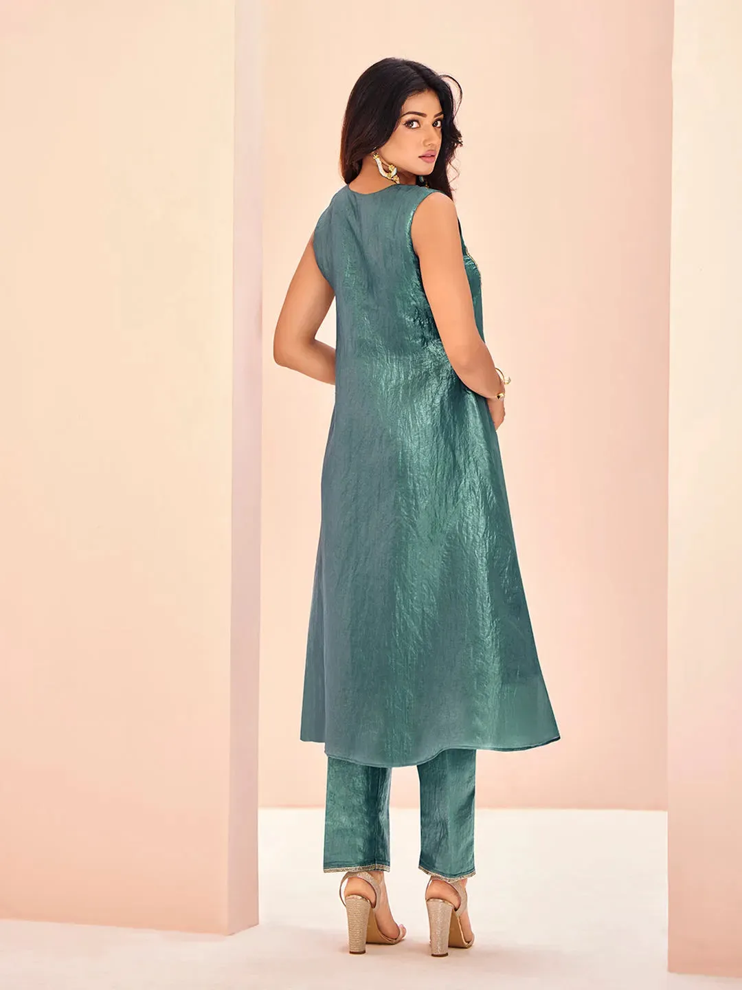 Stunning and Pristine Aqua  Organza Hand Worked Kurta Set