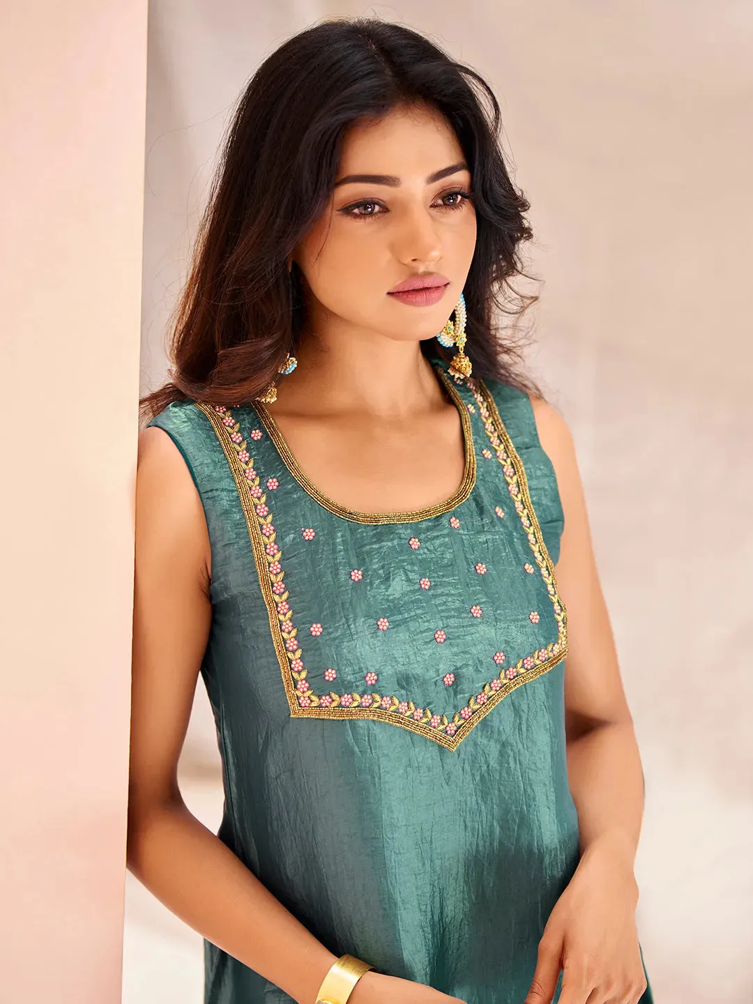 Stunning and Pristine Aqua  Organza Hand Worked Kurta Set