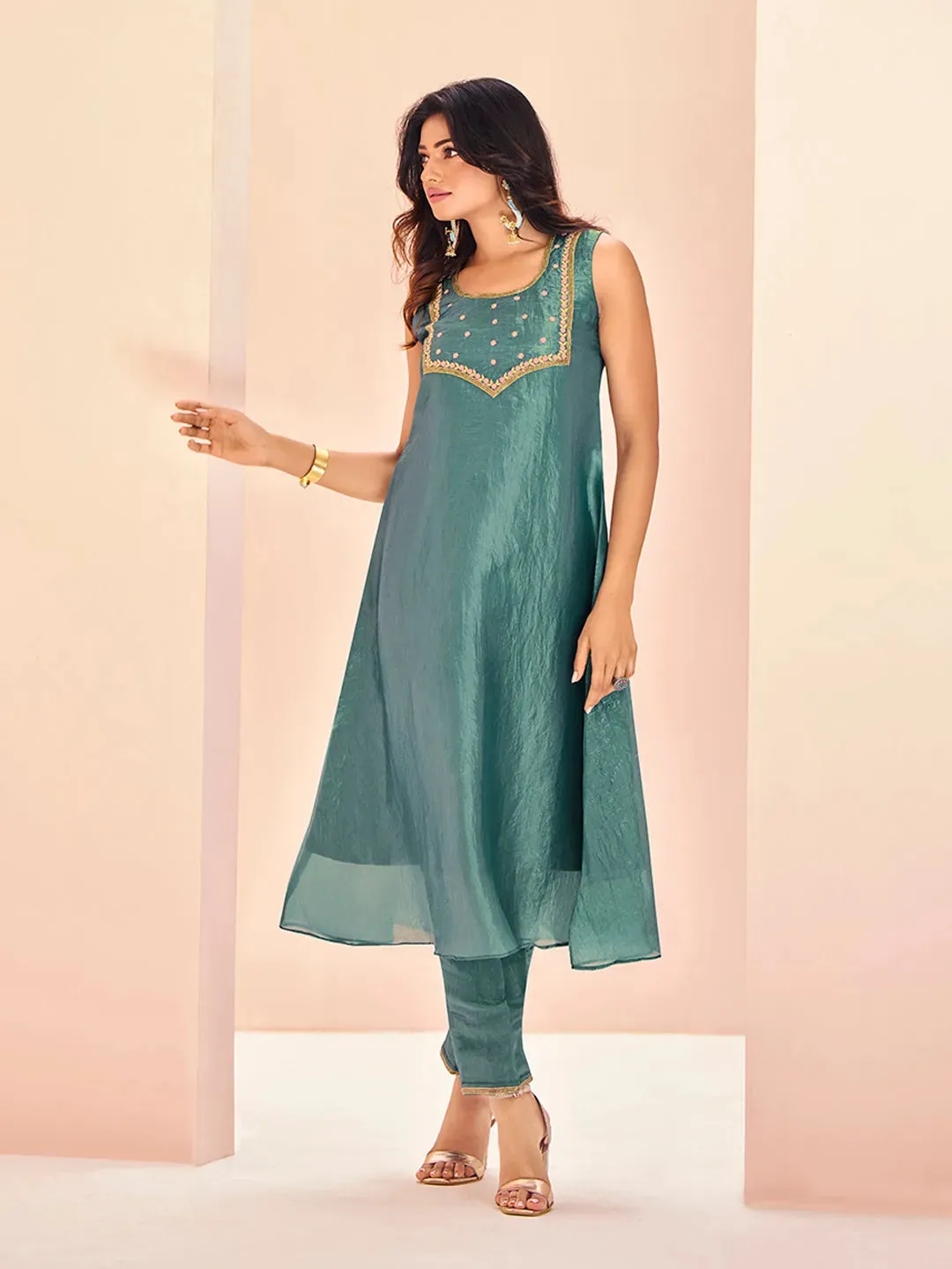 Stunning and Pristine Aqua  Organza Hand Worked Kurta Set