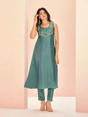 Stunning and Pristine Aqua  Organza Hand Worked Kurta Set