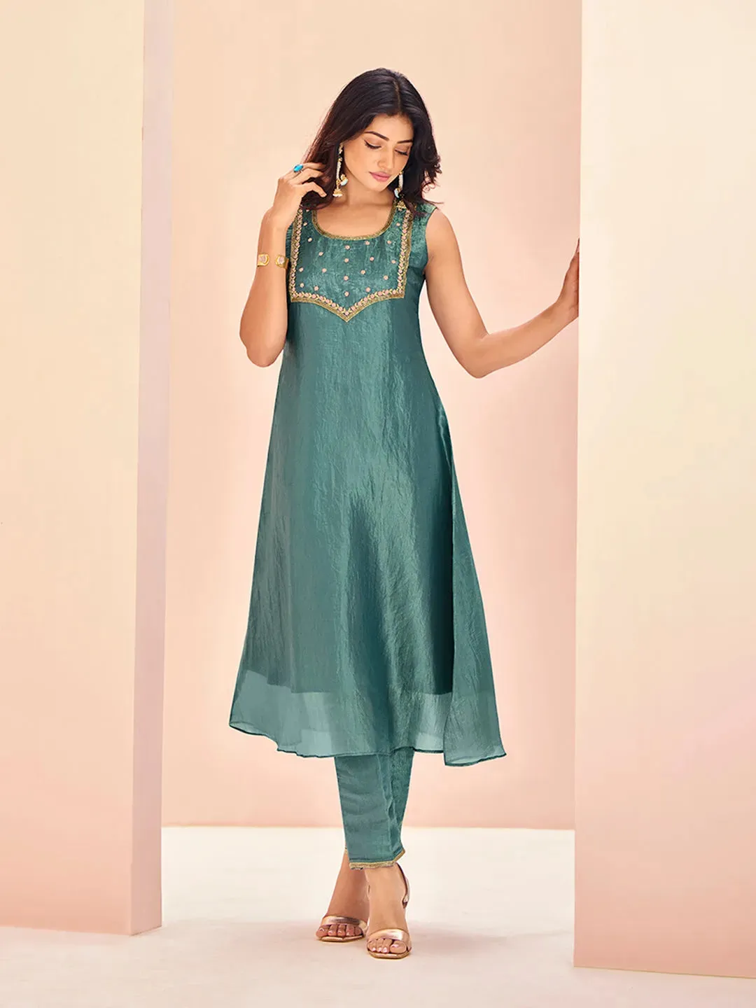 Stunning and Pristine Aqua  Organza Hand Worked Kurta Set