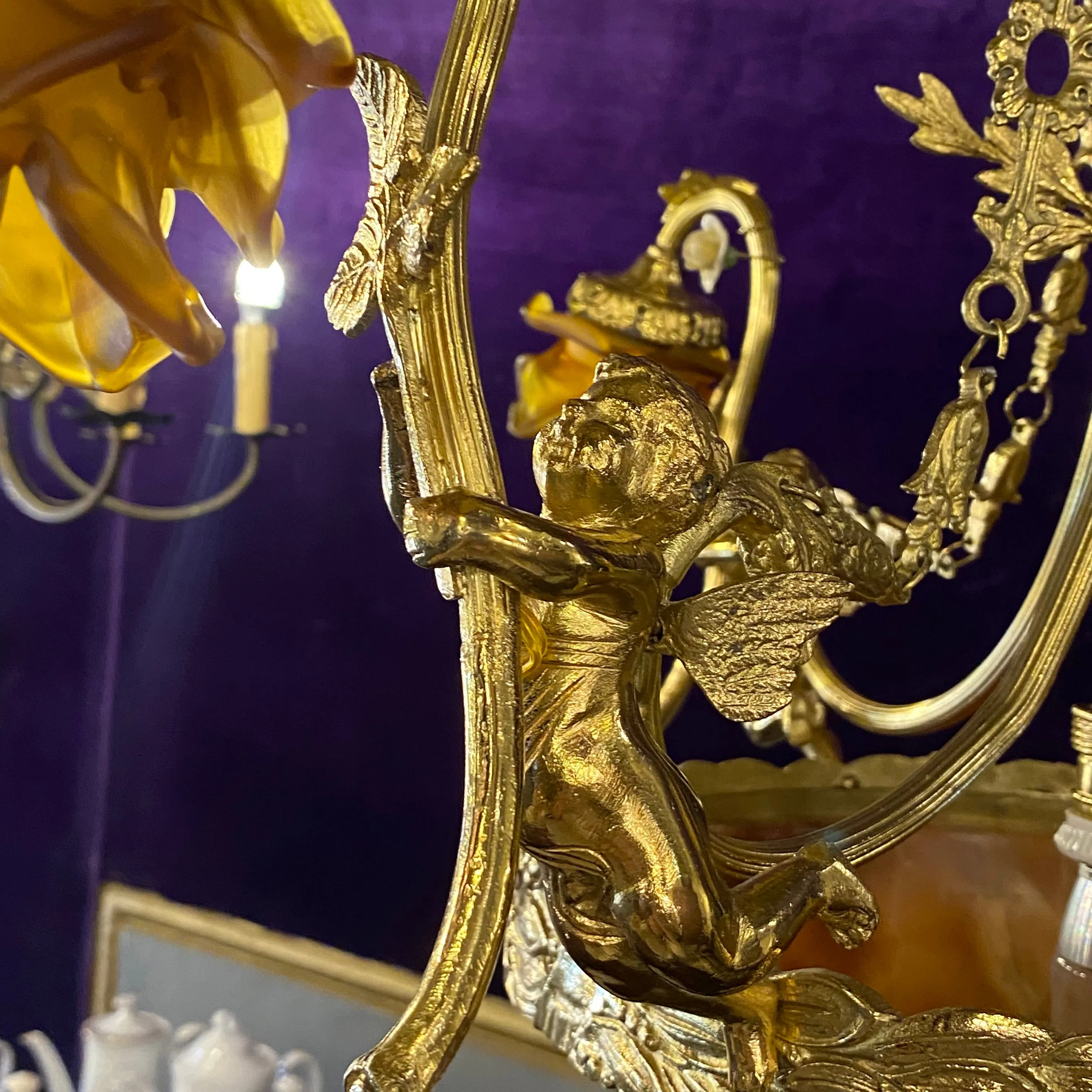 Stunning Antique Cast Brass & Onyx Chandelier with Amber Glass Shades