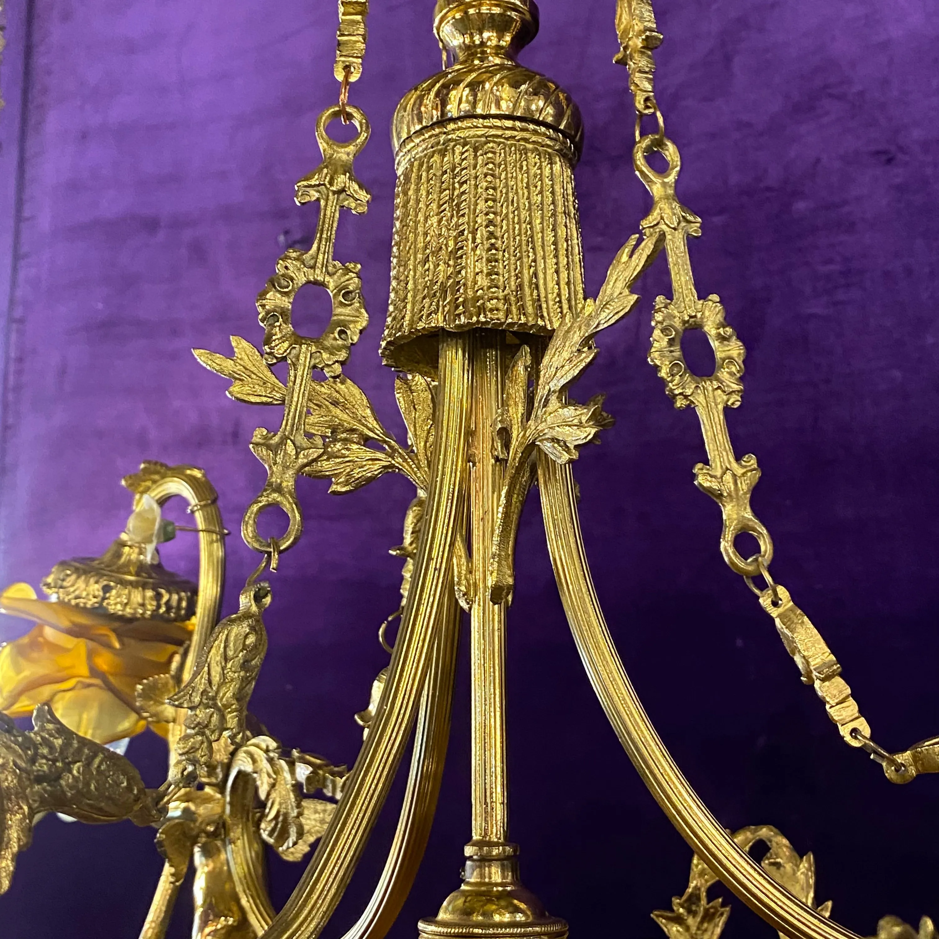 Stunning Antique Cast Brass & Onyx Chandelier with Amber Glass Shades