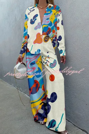 Stunning Art Print Buttoned Wide Leg Pant Suit