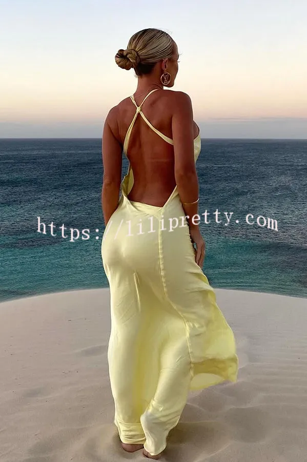 Stunning Back View Satin Cross Twist Design Backless Maxi Dress