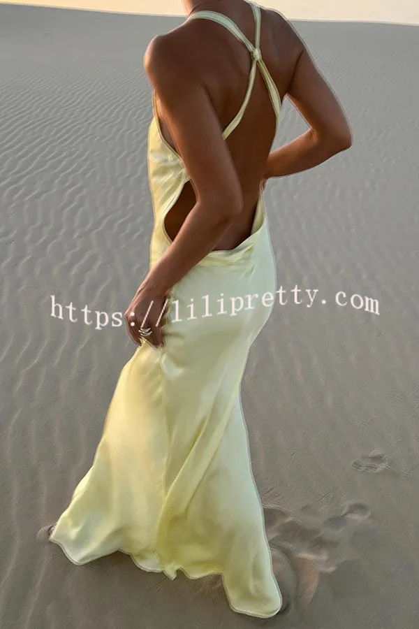 Stunning Back View Satin Cross Twist Design Backless Maxi Dress