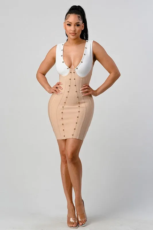 Stunning Beads Contrast Color Sexy Bandage Dress