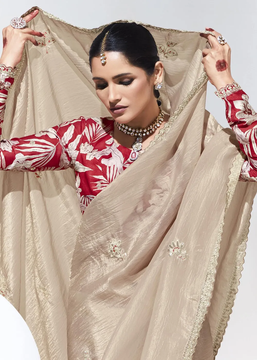 Stunning Beige Organza Embroidered Party Wear Saree