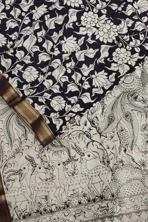 Stunning Black & White Kalamkari Hand-Painted Bangalore Silk Saree