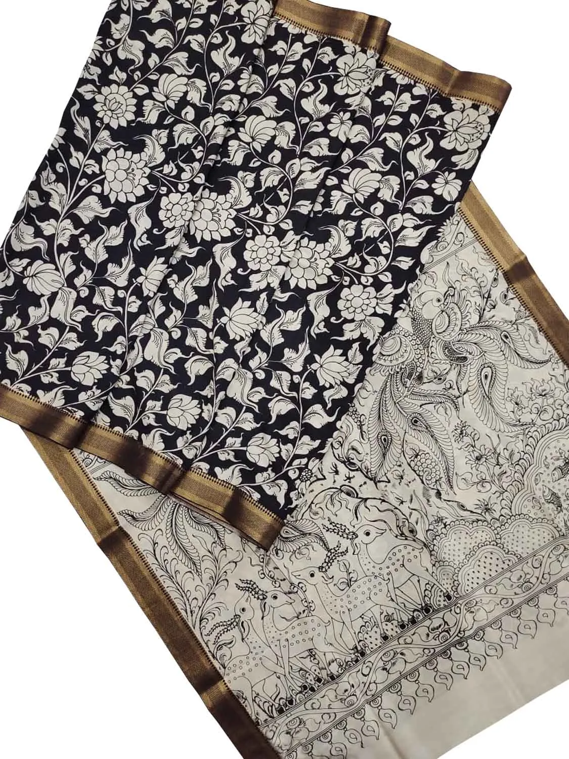 Stunning Black & White Kalamkari Hand-Painted Bangalore Silk Saree