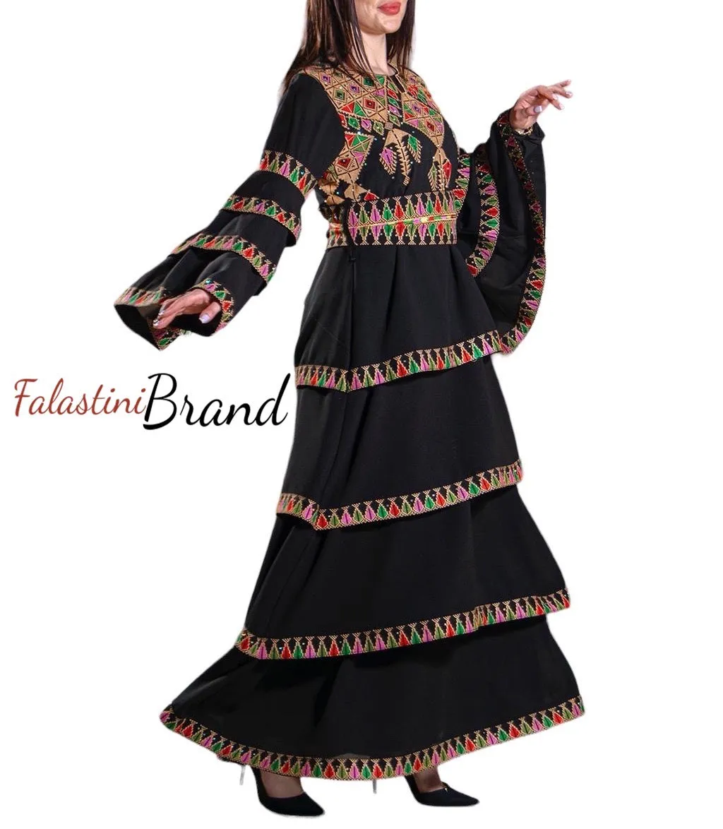 Stunning Black and Golden Ruffles Embroidered Dress