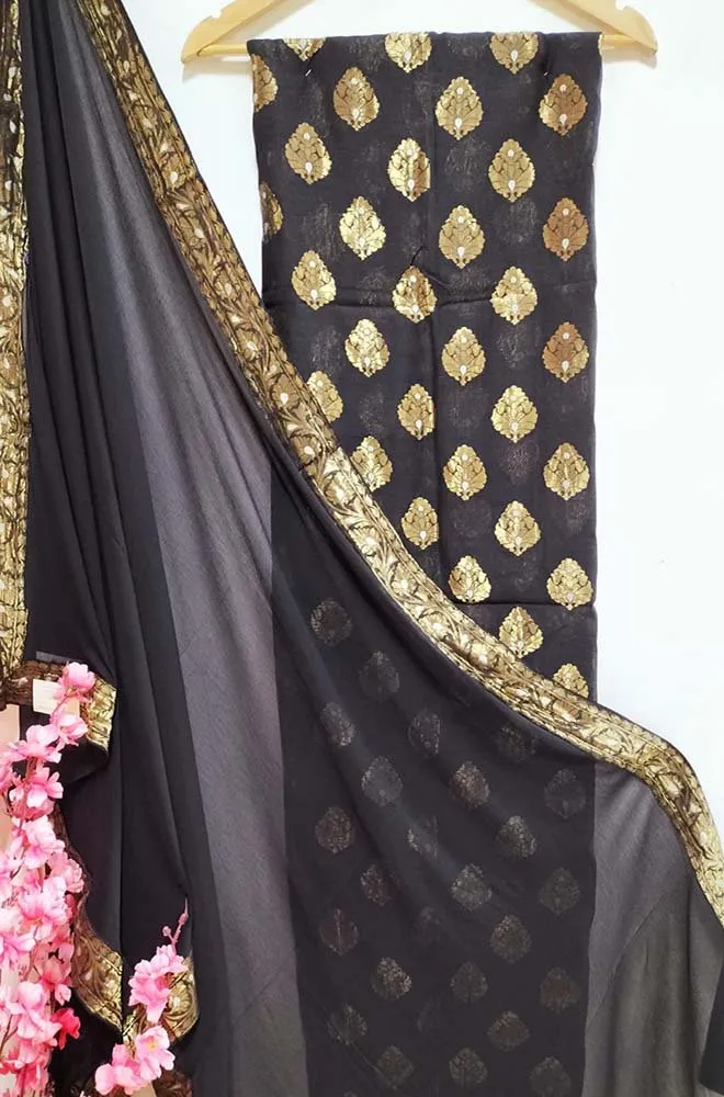 Stunning Black Banarasi Georgette Sona Roopa Suit Set - Unstitched