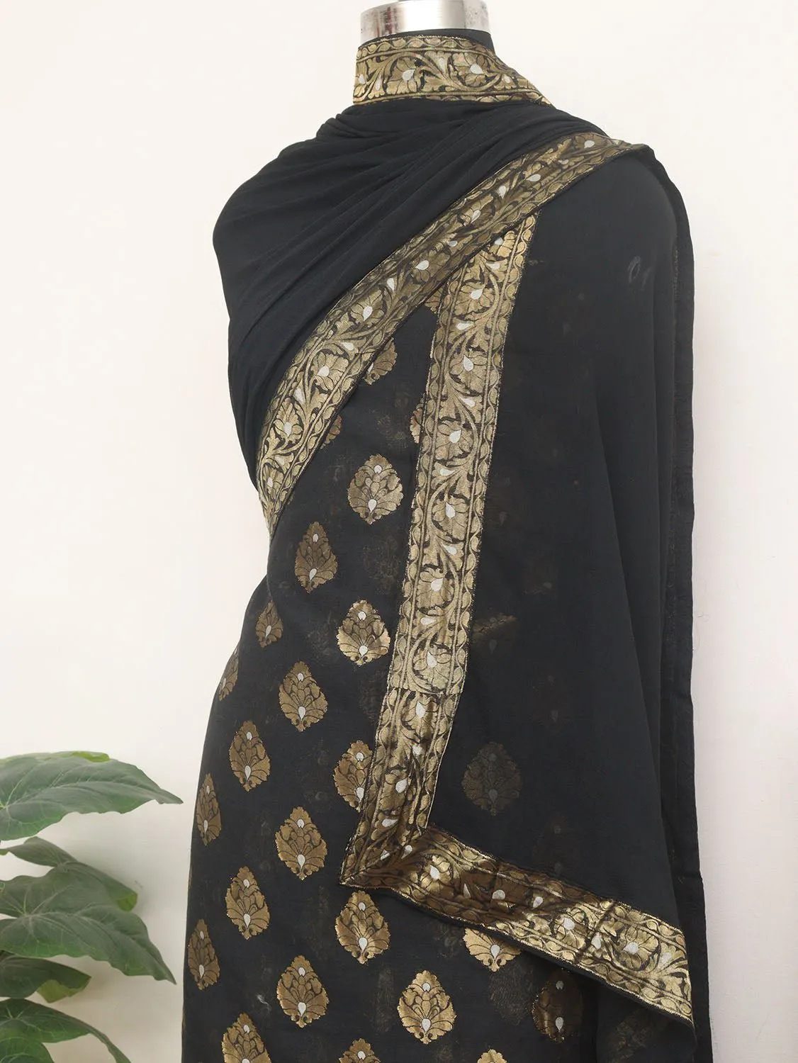 Stunning Black Banarasi Georgette Sona Roopa Suit Set - Unstitched