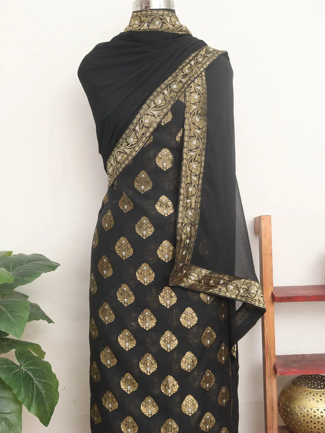 Stunning Black Banarasi Georgette Sona Roopa Suit Set - Unstitched