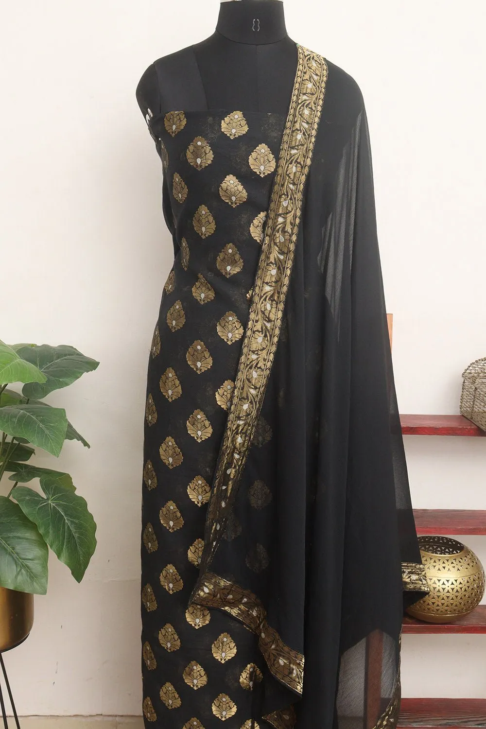 Stunning Black Banarasi Georgette Sona Roopa Suit Set - Unstitched