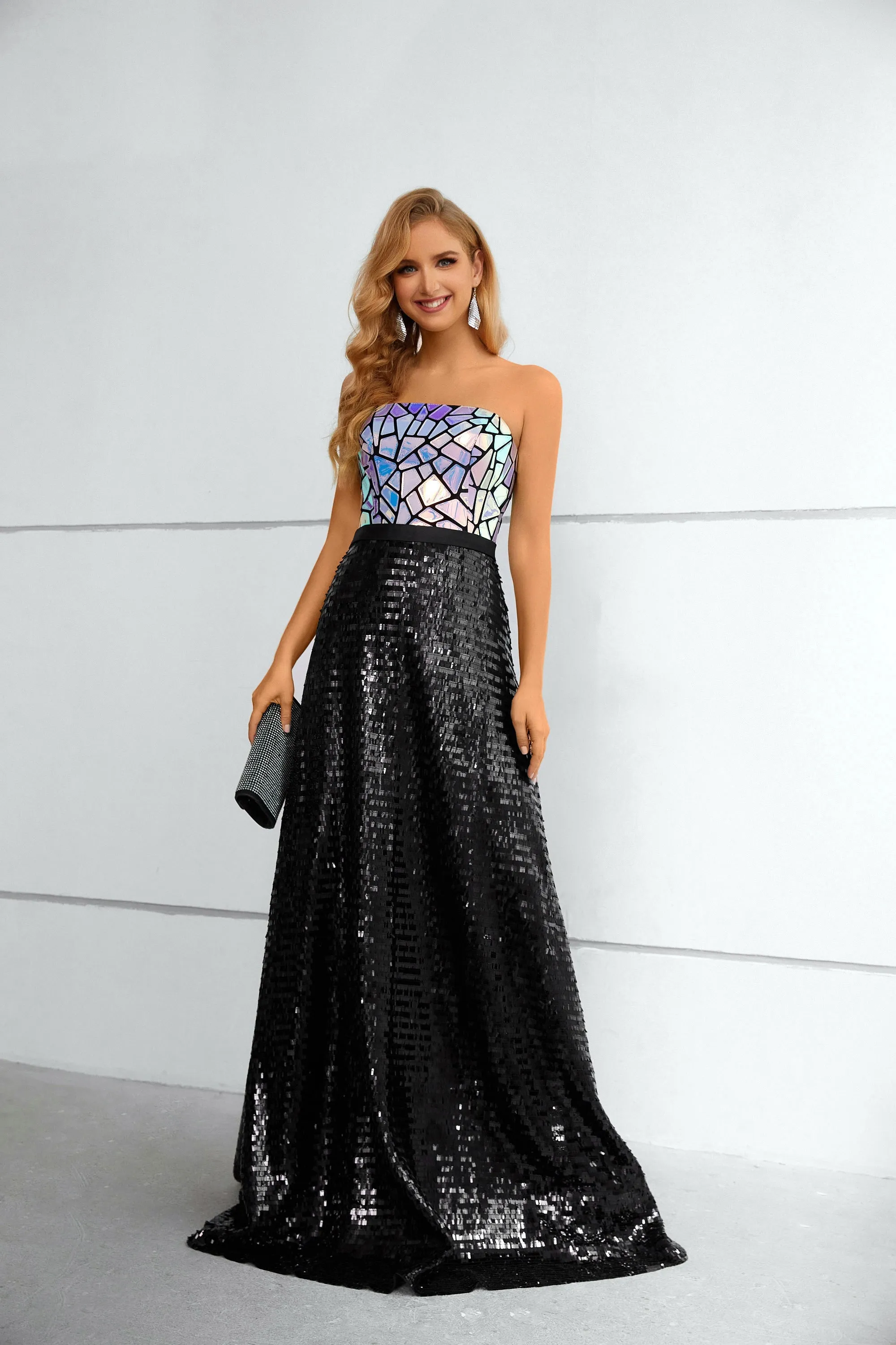 Stunning Black Strapless A Line Sequins Lace Prom Dresses