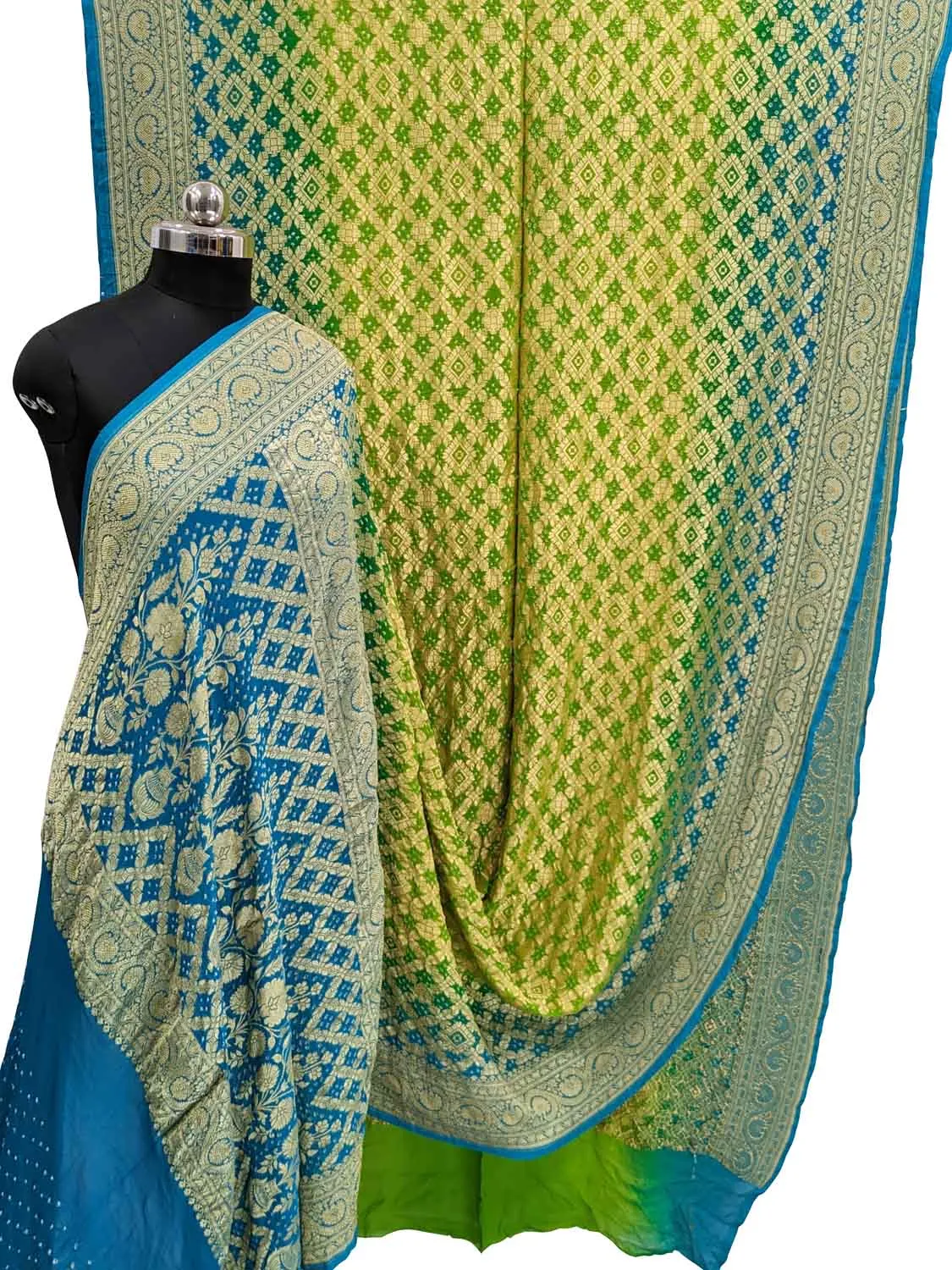 Stunning Blue & Green Banarasi Bandhani Georgette Saree