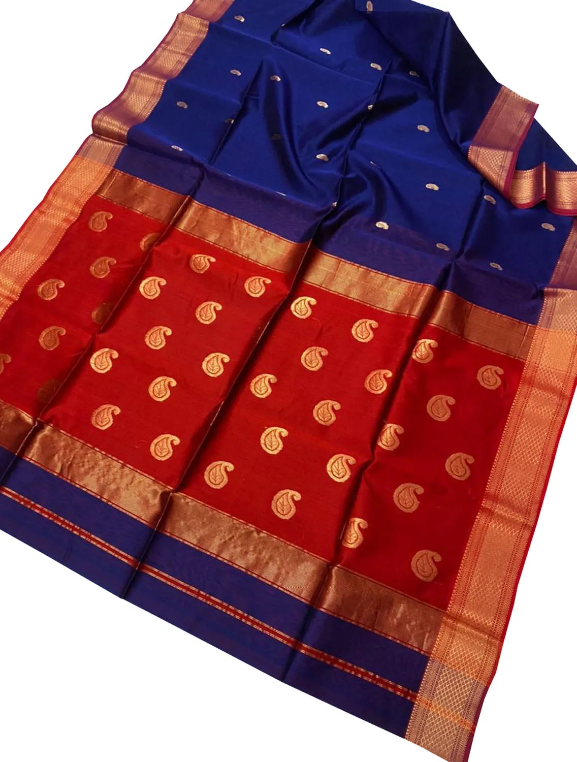 Stunning Blue & Red Maheshwari Silk Saree