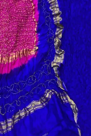 Stunning Blue and Pink Bandhani Silk Suit: Unstitched Elegance