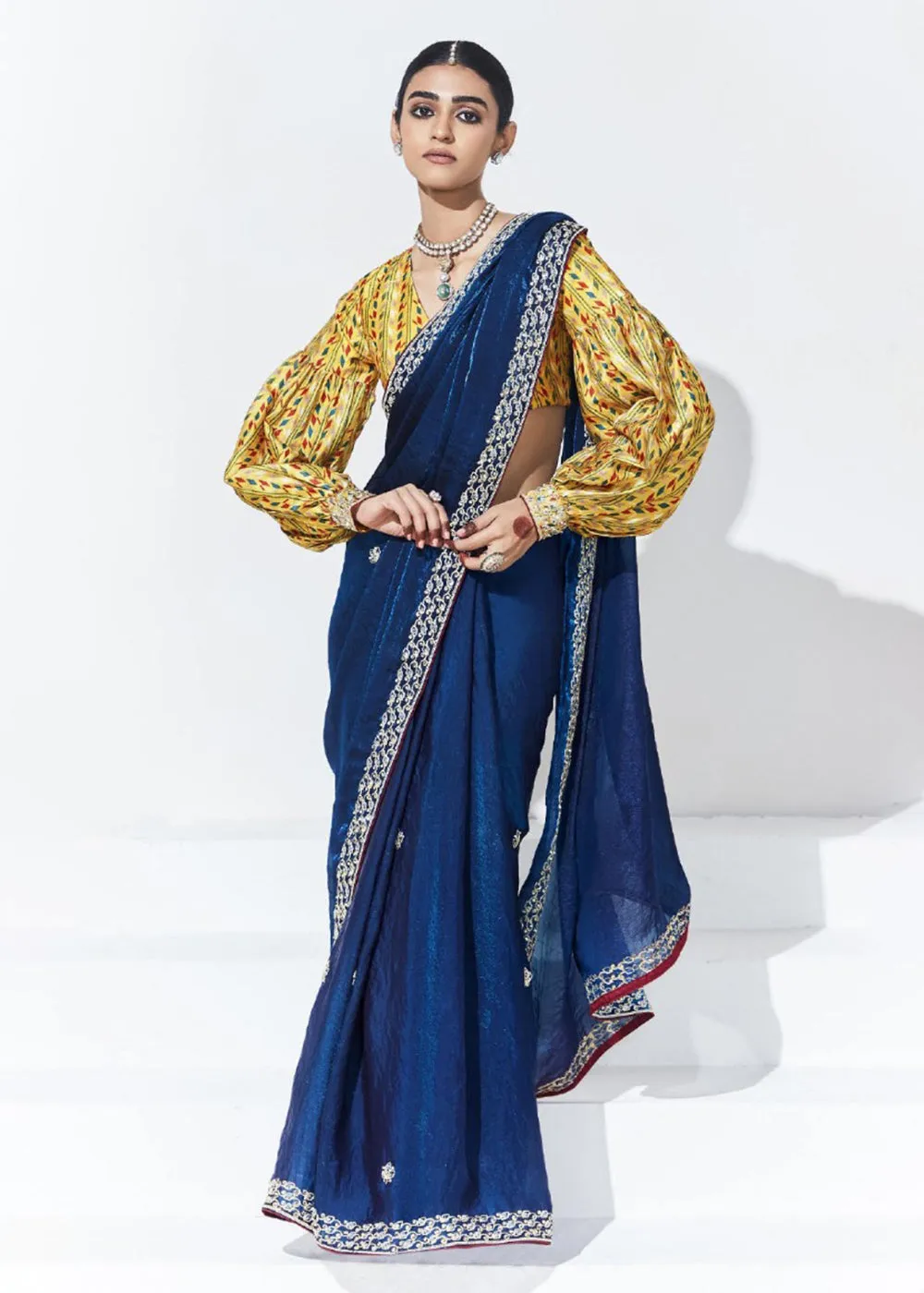 Stunning Blue Organza Embroidered Party Wear Saree