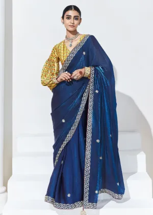 Stunning Blue Organza Embroidered Party Wear Saree