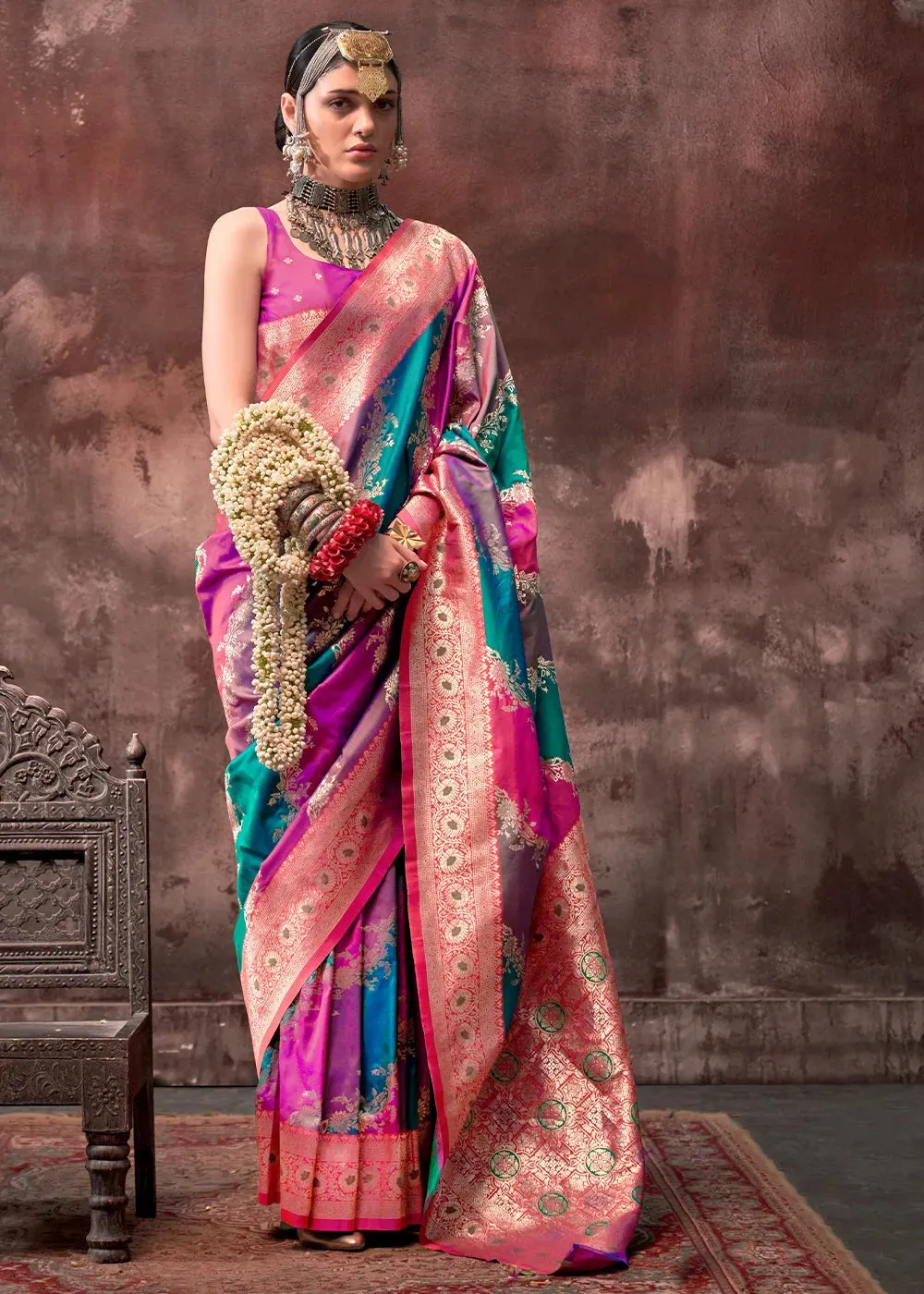 Stunning Blue-Pink Rangkaat Handloom Silk Saree