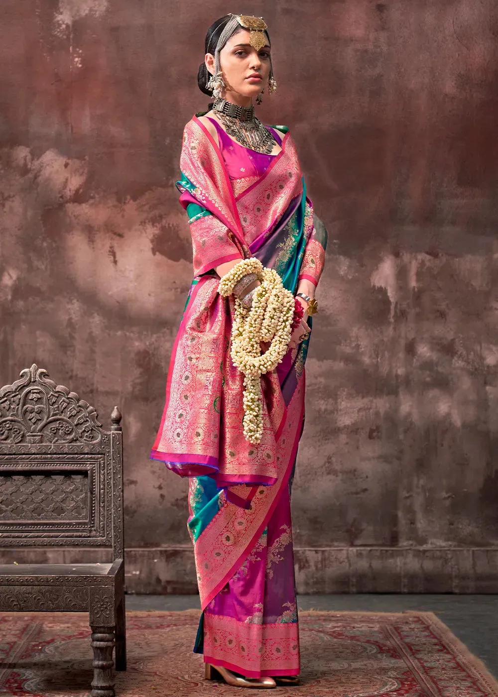 Stunning Blue-Pink Rangkaat Handloom Silk Saree