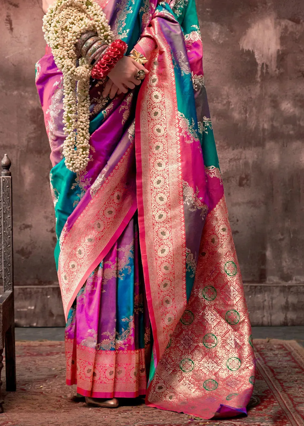 Stunning Blue-Pink Rangkaat Handloom Silk Saree