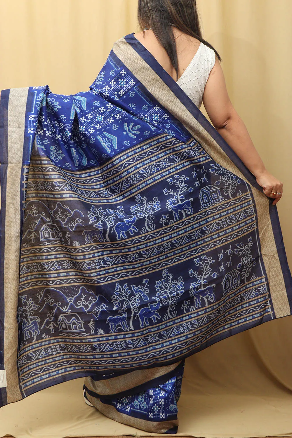 Stunning Blue Silk Sambalpuri Print Saree with Digital Print