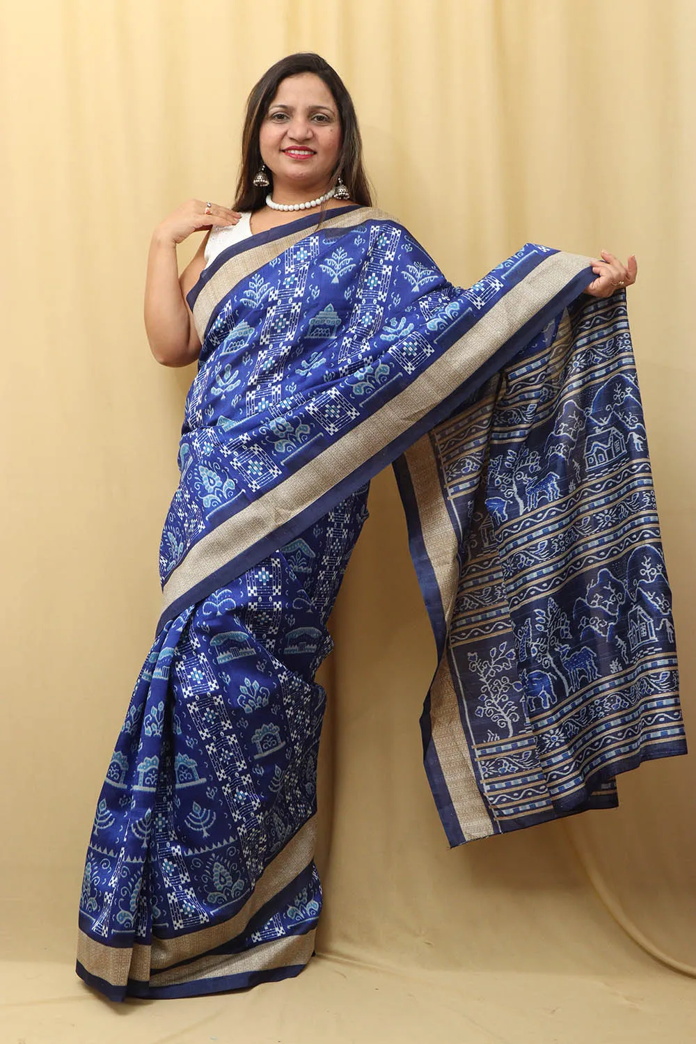 Stunning Blue Silk Sambalpuri Print Saree with Digital Print