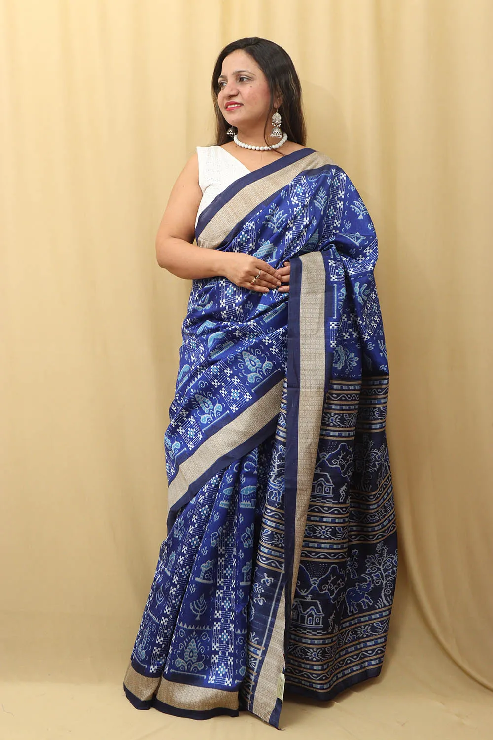 Stunning Blue Silk Sambalpuri Print Saree with Digital Print