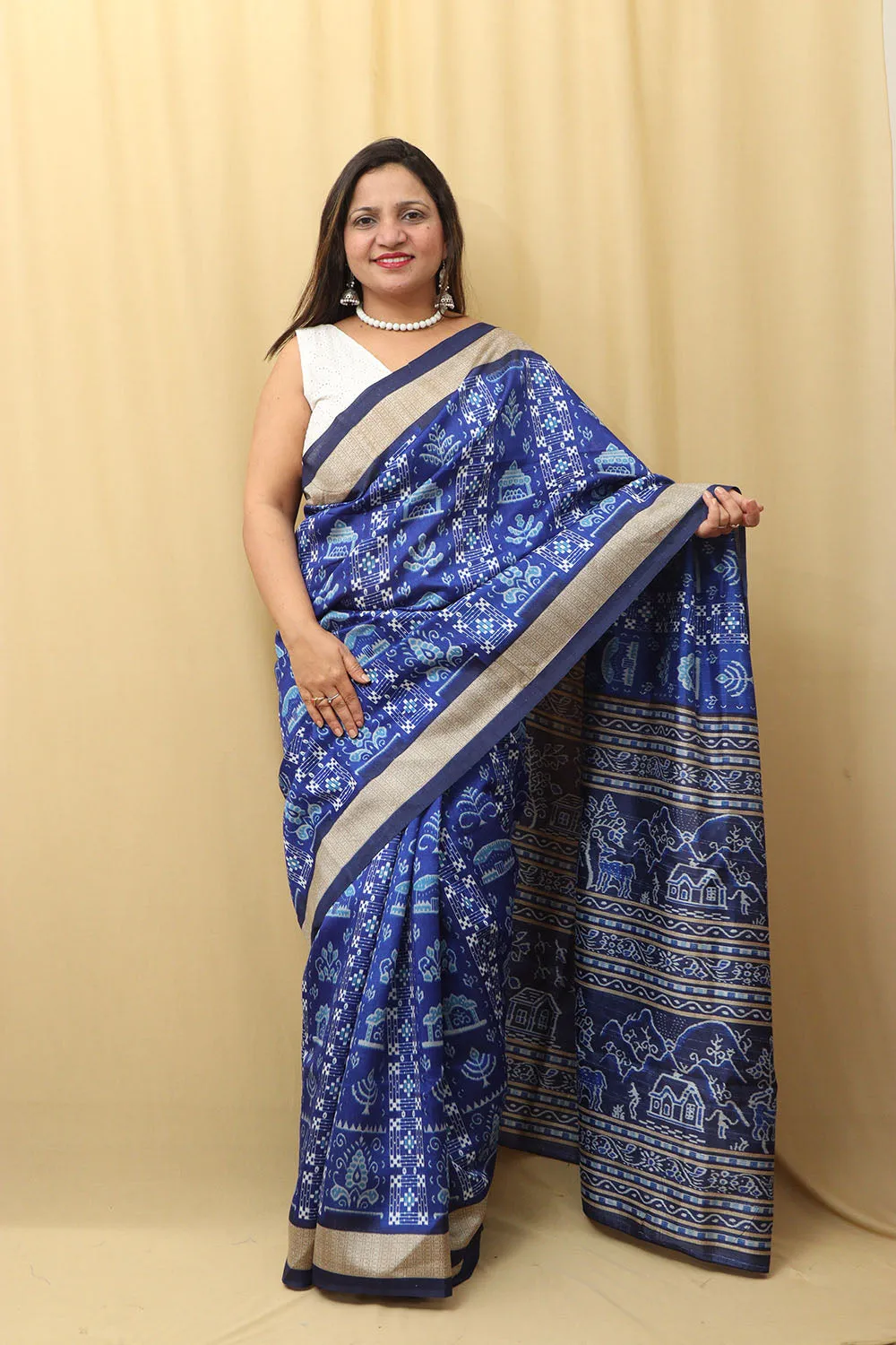 Stunning Blue Silk Sambalpuri Print Saree with Digital Print