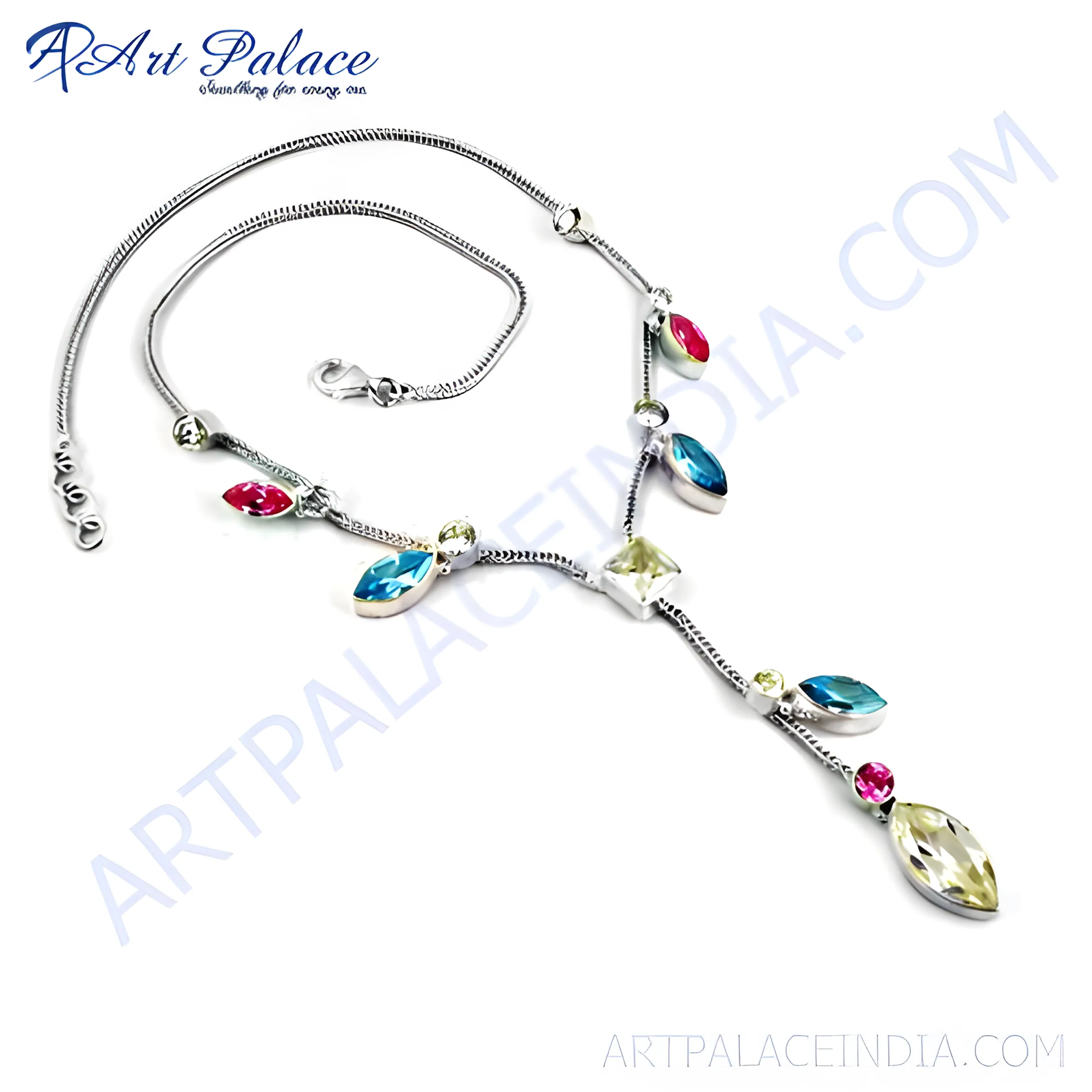 Stunning Blue, White, and Pink Zirconia Gemstone Silver Necklace